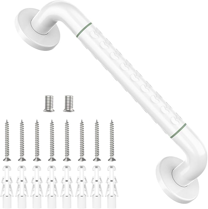 Grab Bars for Shower 14", YuanDe White Bath Grab Bar with Anti-Slip Grip and Safety Luminous Circles, Stainless Steel Bathroom Safety Handrail Support, Safety Bar Handle for Disabled Elderly Pregnant