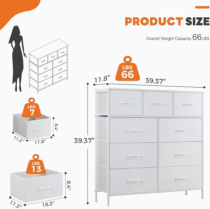 Sweetcrispy 9-Drawer Fabric Dresser Storage Tower with Wood Top and Steel Frame, Organizer Chest with Easy Pull Handles for Bedroom, Closet, Hallway,Pure White