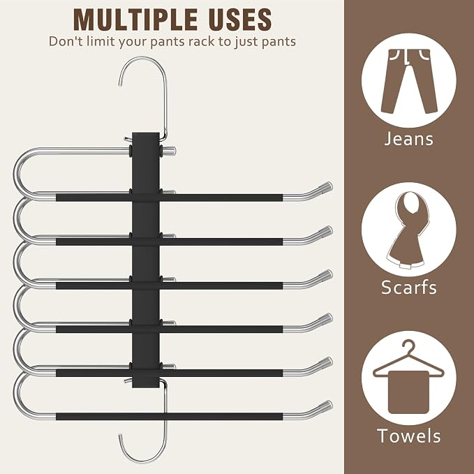 HUITEM Space Saving 6 Tier Pant Hangers, Anti-Slip, Stainless Steel, 2 Pack, Black