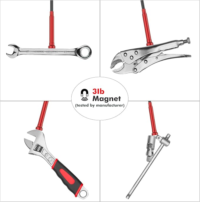 Housolution Grabber Tool Magnetic Four-claw Picker, Bendable Hose Reacher Pickup Sweeper with LED Lights, Flexible Long Handy Reaching Assist Tool for Litter Pick/Home Sink/Drain - Red