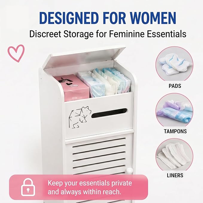 BorealBear Slim Bathroom Storage Cabinet with Louvered Doors for Women, Narrow Freestanding Floor Cabinet to Store Pads Tampons Toiletries, 3-Tier Large Moisture-Resistant Organizer Small Space