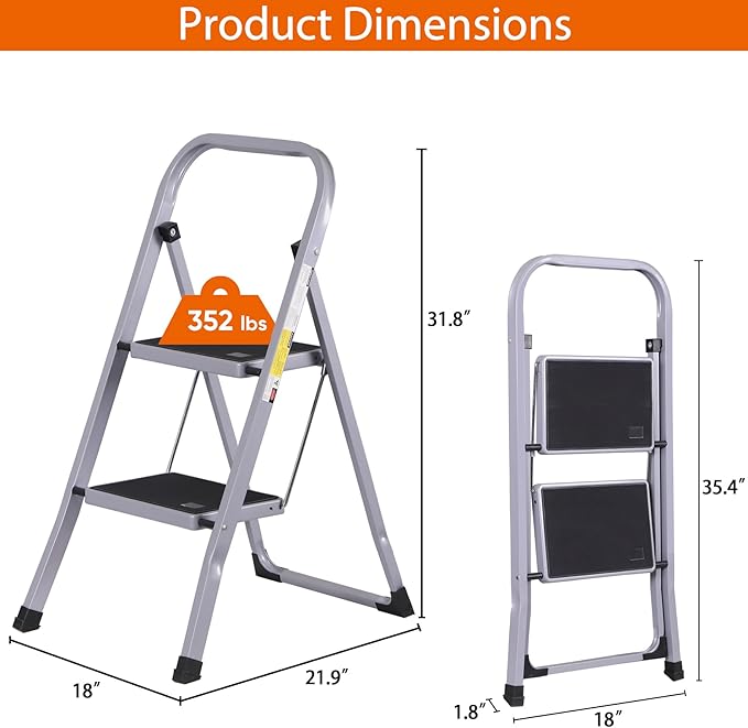 ZENY 2 Step Ladder Folding Step Stool with Wide Anti-Slip Pedal, Convenient Handgrip, Portable Steel Step Stool, 300 lbs Sturdy Steel Ladder for Household and Office, Gray