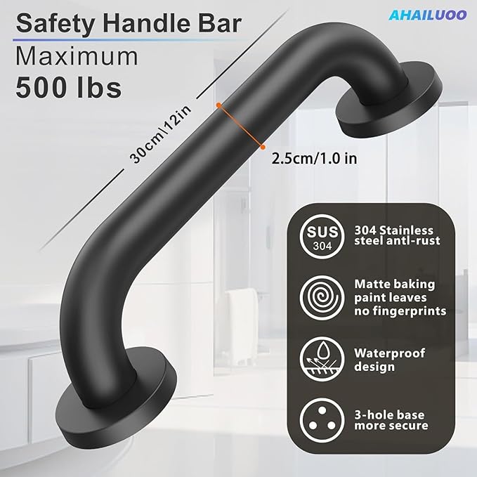 2-Pack 12-Inch Shower Grab Bars, Black | SUS304 Stainless Steel, 1.0-Inch Diameter, Safety Handles for Seniors, Elderly, Handicap