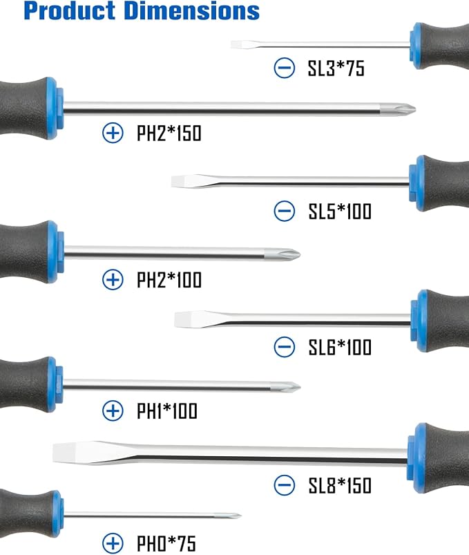ROTATION 8-Piece Magnetic Screwdrivers Set with Nichrome tip, 4 Phillips and 4 Slotted Tips, Professional Cushion Grip Screwdriver Set with High Torque (8pc Silver Tip Gloss)
