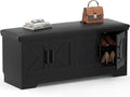 Farmhouse Shoe Storage Bench with Cushion - 43.3" Entryway Bench with Storage & 4 Barn Doors, 2-Tier Wooden Shoe Rack Bench, Hidden Shoe Cabinet & Mudroom Bench for Bedroom Hallway Living Room, Black