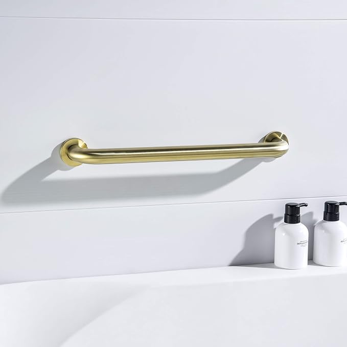 KIBI 18 Inch Bathroom Safety Grab Bar for Shower & Bathtub – Curved Wall Mounted Stainless Steel Shower Grab Bar, Anti-Slip Support Handle for Seniors & Elderly, Brushed Gold (KGB1018)