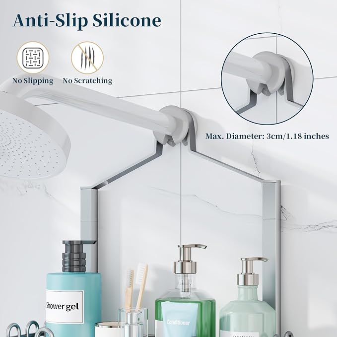 Consumest Shower Caddy Hanging – Rustproof Over Shower Head Hanger with Soap Holder and Hooks, Anti-Slip Shower Shelves for Storage, Bathroom Organizer for Apartment, Dorm, Silver