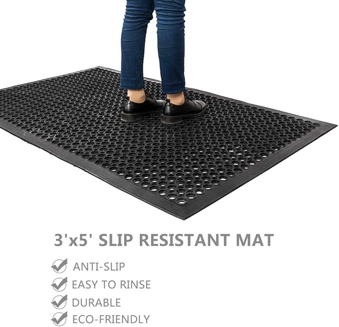 ROVSUN Rubber Floor Mat with Holes, Anti-Fatigue/Non-Slip Drainage Mat, for Industrial Kitchen Restaurant Bar Bathroom Utility Garage Pool Entry Door Mat, Indoor (36'' x 60'' Black 1Pcs)