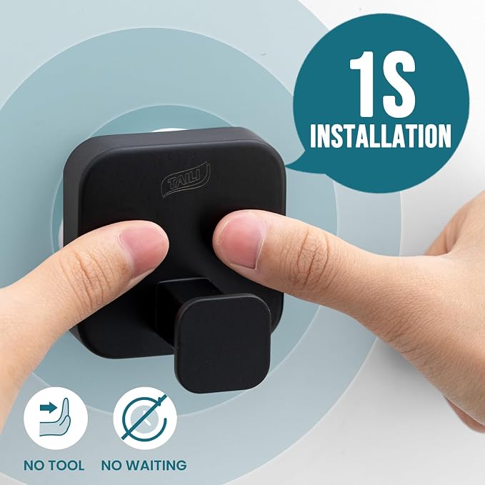 TAILI 304 Stainless Steel Bathroom Suction Hook for Towel, Loofah, Bathrobe, Patented Strong Suction Cup, Damage-Free Hanging Glass Shower Wall Hook, Hold Up to 11 Lbs, 2 Pack, Modern Square, Black