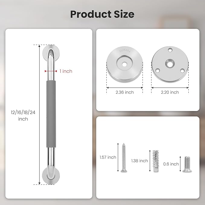 2 Pack 12 Inch Grab Bars for Shower,Mirror Polished Stainless Steel Shower Handles,Shower Grab Bars for Seniors,Handicap Grab Bars with Non-Slip Rubber Grip,Wall Mounted Safety Bars for Tight Space
