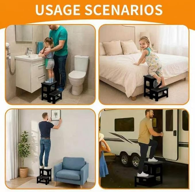 2 Step Stool Foldable, Non-Slip Steps, Folding Step Stool for Adults & Kids, Plastic Stool Pool Ladder, Collapsible Stools 2 Step Ladder for Kitchen Toilet Bedroom Office RV, Holds 330 lbs, Black