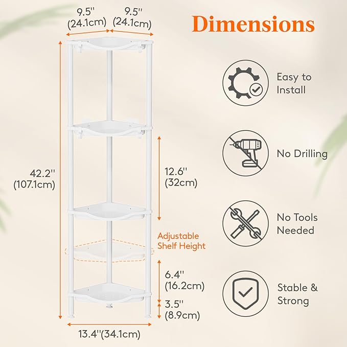 Lifewit Floor Standing Shower Caddy Corner, 4 Tier Plastic Shower Stand Rack with Adjustable Feet and Hooks, Rustproof Bathroom Shelf Organizer, White, 34 x 24 x 107 cm/13 x 9.5 x 42 inch