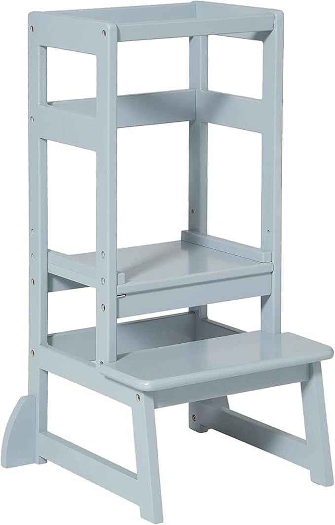 SDADI Kitchen Step Stool for Toddlers and Kids Ages 18 Months to 3 Years Old with Adjustable Height and Solid Wood Railings, Gray
