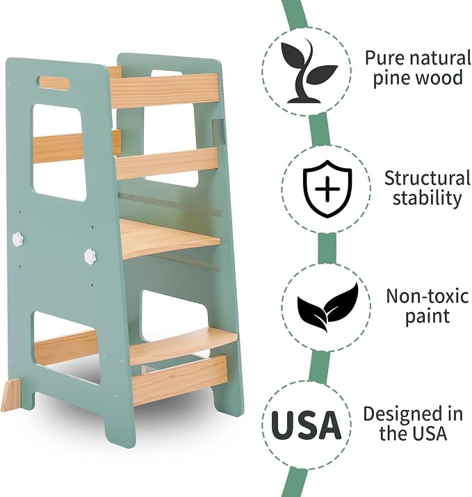 WOOD CITY Kitchen Step Stool - Safe Montessori Standing Tower for Kids with Safety Rail, Height Adjustable Toddler Ideal Helper for Learning New Skills, Anti-Slip Protection for Bathroom - Green…
