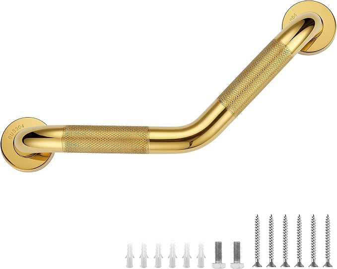 Grab Bars for Bathtubs and Showers- 1-1/4 x 16 Angled Shower Grab Bar for Seniors Knurled Stainless Steel Handicap Grab Bars for Wall (Gold, 1 Pack)