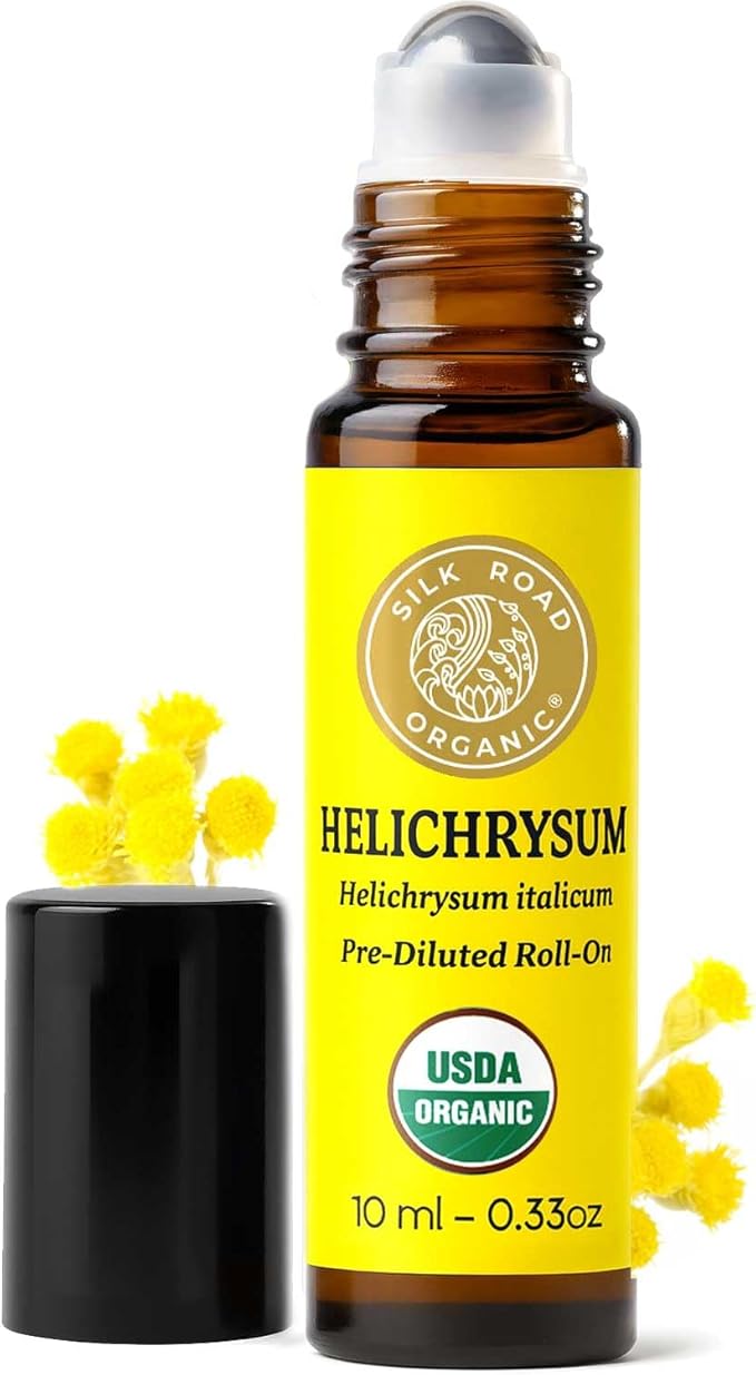 Silk Road Organic Helichrysum Italicum Essential Oil Roll on for Skin Care, Wrinkles, Scars, Bruises - USDA Certified Immortelle Oil 10ml Aromatherapy Roller - Always Pure, Always Organic