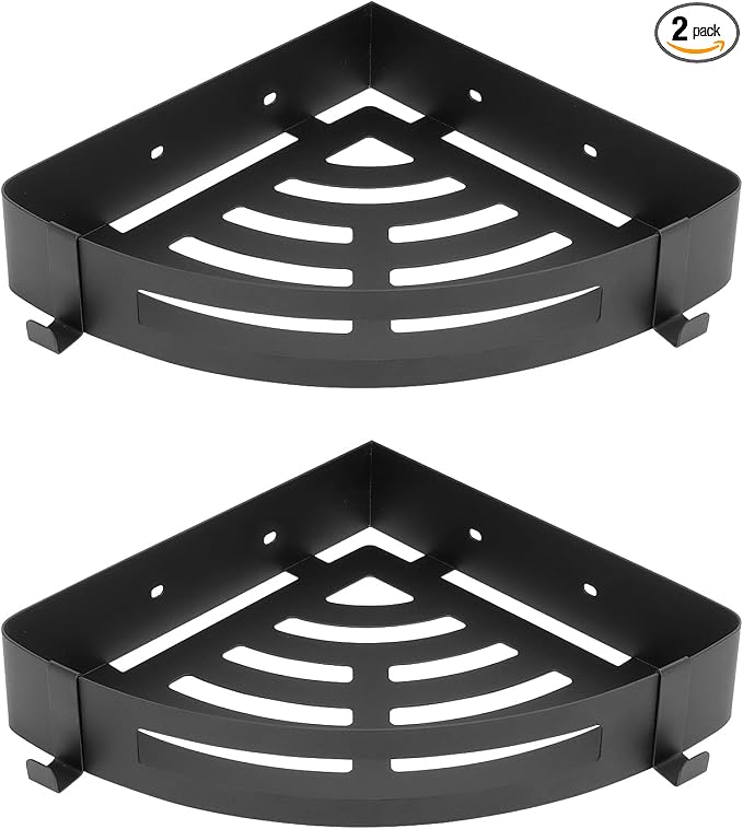 NearMoon Bathroom Shower Caddy 2 Pack, 304 Stainless Steel Shower Organizer with 2 Hooks, No Drill (Corner Shelf, Matte Black)
