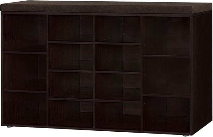 DINZI LVJ Shoe Storage Bench with Cushion, 14-Cubby Shoe Rack, Adjustable Shelves, Multifunctional Shoe Organizer Bench for Entryway, Mudroom, Hallway, Living Room, Bedroom and Garage, Espresso
