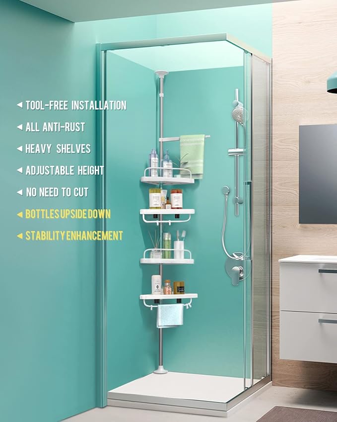 ADOVEL 4 Layer Corner Shower Caddy, Stainless Steel Constant Tension Pole Shower Organizer, Adjustable Corner Shower Shelf, Rustproof 3.3 to 9.8 ft