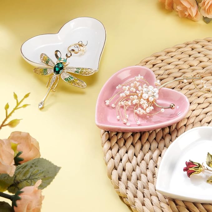 JAMEND CLXP Pink Heart Jewelry Tray, Engagement Wedding Ring Dish Earring Holder for Newlyweds, Sweet Gift for Women, Ceramic. NO ROSE.