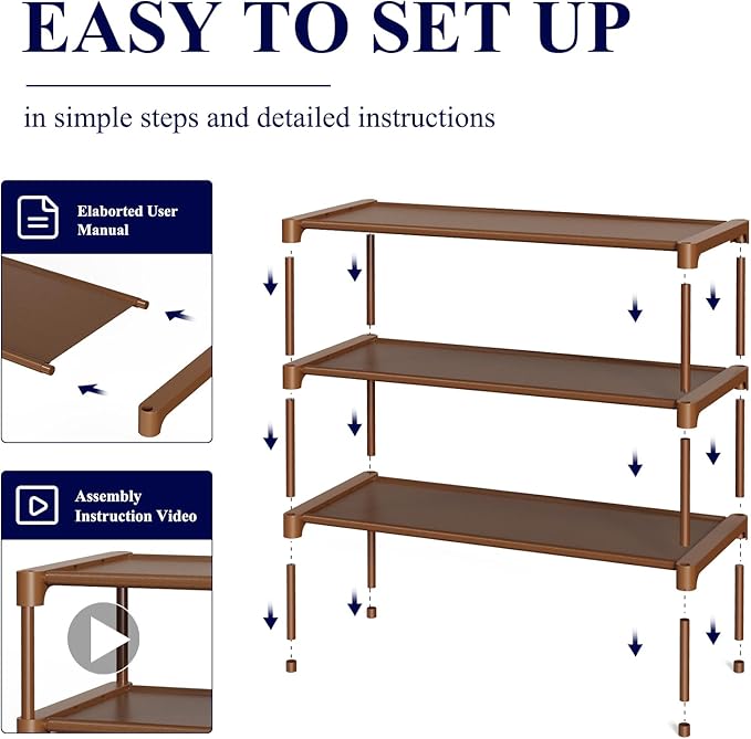 Kitsure Shoe Rack - Non-Woven Shoe Rack Shelf, Shoe Organizer for Closet, Entryway, Garage & Corridor, Stackable Shoe Shelves, 27.5" Wide - 3 Tier, Brown