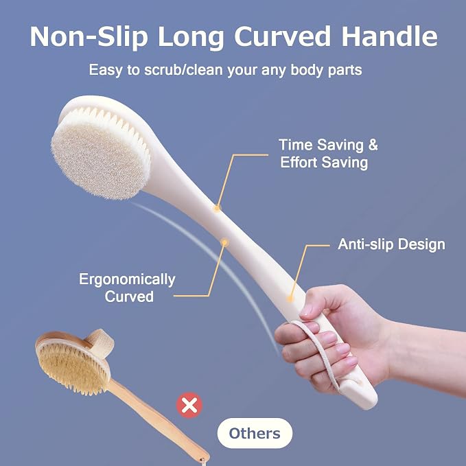 VANZAVANZU Shower Brush, Bath Body Brush with Soft Bristles, 15.4" Back Brush Long Handle for Shower, Dry Exfoliating Brush or Wet Shower Brush with Moderate Bristles, Cream White