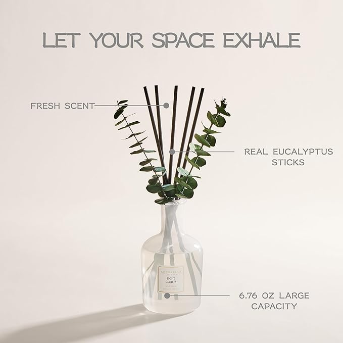 COCORRÍNA Light Cotton Reed Diffuser – 6.76 oz Essential Oil with 8 Reeds & Real Eucalyptus Sticks, Home Fragrance for Bedroom or Bathroom Décor