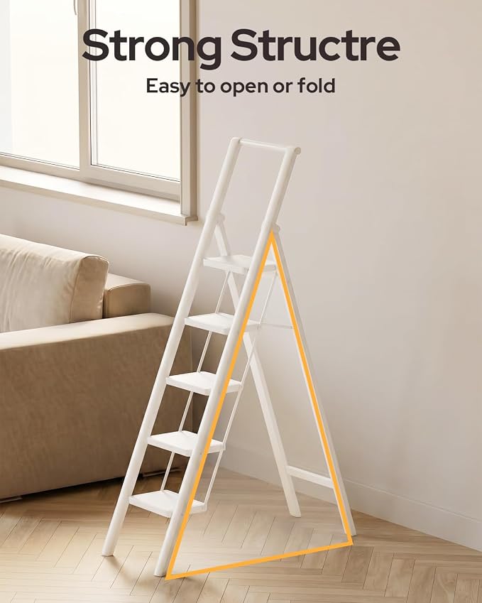 5 Step Ladder for 10 Feet High Ceiling, Folding Step Stool Stepladders with Anti-Slip and Wide Pedal for Home and Kitchen Use Space Saving (White)