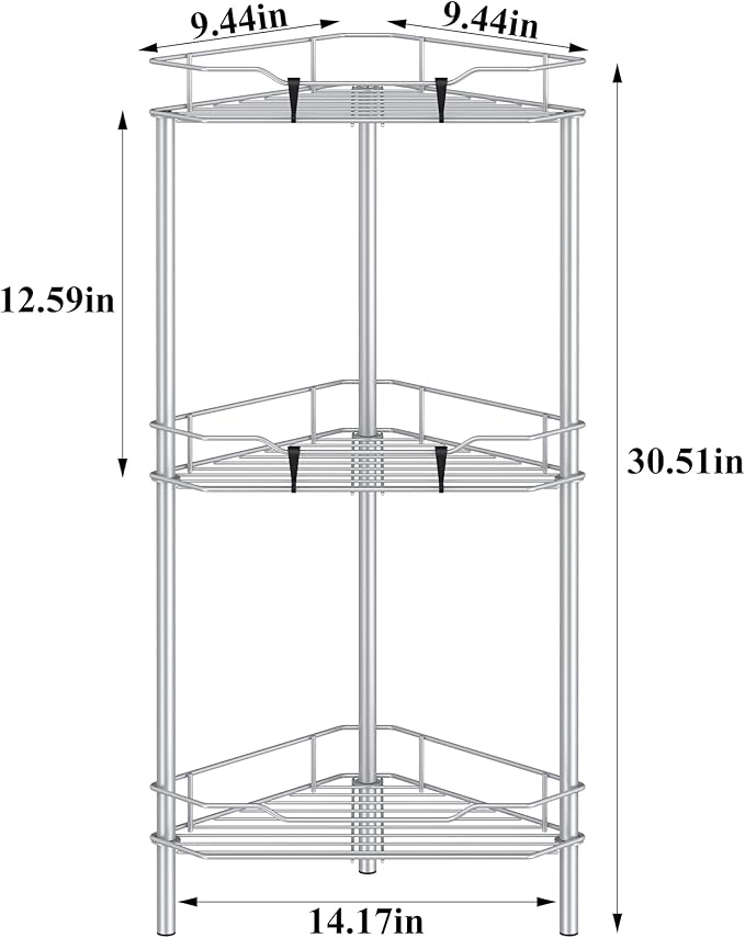 HuggieGems 3 Tier Floor Standing Corner Shower Caddy Organizer Shelf with Hooks, Bathroom Shelves Stand Rack, Silver