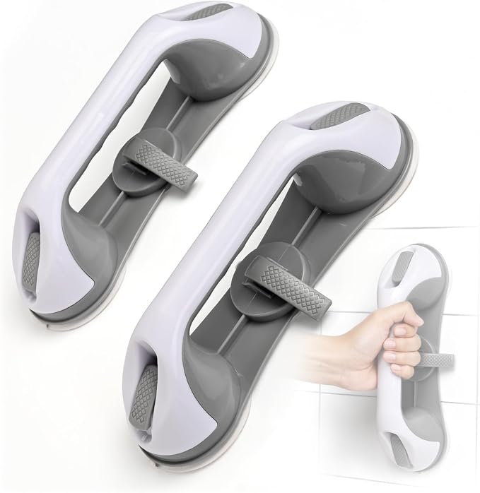 Grab Bars for Bathtubs and Showers 3 Suction Cups Shower Handle, Heavy Duty Safety Shower Grab Bars for Seniors and Elderly, Handicap Bars for Bathroom 2 Pack, Gray