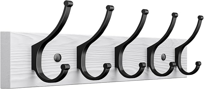 Optish 1 Pack Wooden Coat Rack Wall Mount, 16.1" Rustic Coat Hanger Hooks with 5 Double Hooks, Wall Coat Rack for Hat, Clothes, Bags, Jacket, White