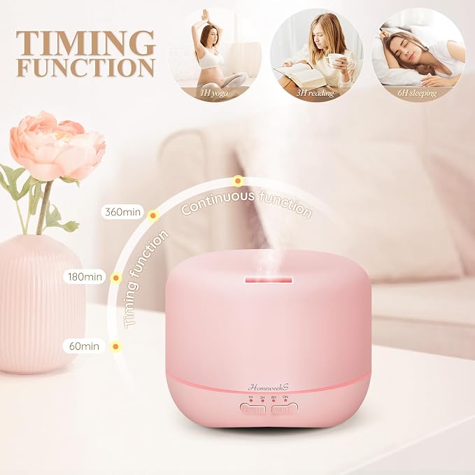 Aromatherapy Essential Oil Diffuser for Room: 500ml Colorful Aroma Air Humidifier with Adjustable Cool Mist Mode, Auto Off Ultrasonic Diffusers for Large Room Home Office(Pink)