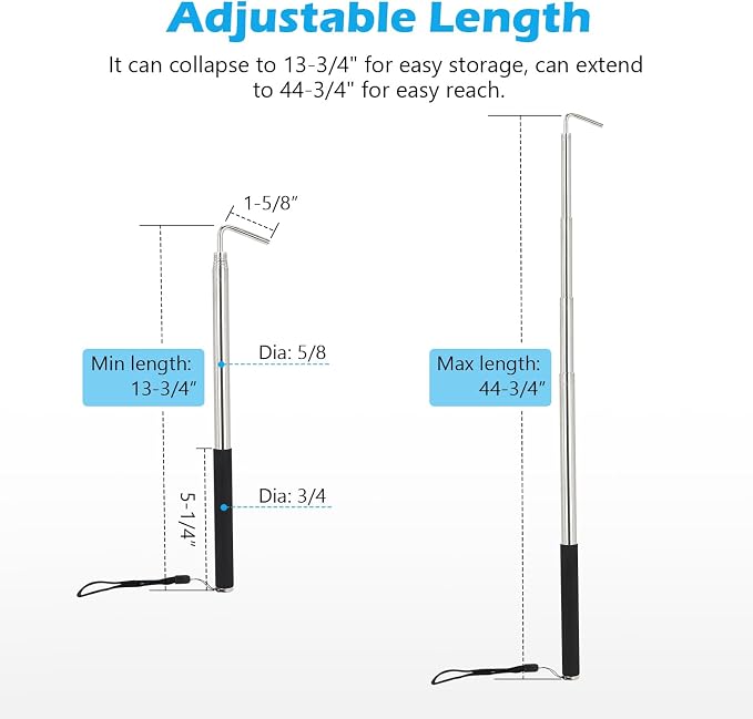 Manual RV Awning Rod Opener Easy Reach Telescopic Puller 13-3/4" to 44-3/4" Stainless Steel Silver & Black - 1pack