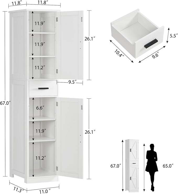 TEENFON 67 Tall Bathroom Cabinet with 6 Shelves & 1 Drawer, Narrow Storage Cabinet with Adjustable Shelves, Silm Cabinet for Living Room, Kitchen, White
