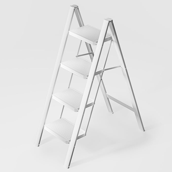 White Step Ladder White 4 Step Folding, Sturdy 330 Lbs Small Step Stool for Adults, Closet Step Stool Ladder with Anti-Slip Wide Pedals, Portable Folding Ladder for Home Kitchen Office
