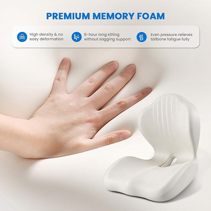 Ergonomic Seat Cushion for Tailbone Sciatica Lower Back Pain Relief, Gray L-Shaped Seashell Memory Foam Coccyx Hollow Cushion, 2-in-1 Lumbar Back Support Pillow for Office Gaming Car Chair