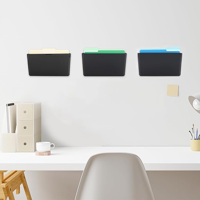 EASEPRES 3 Pack Black Plastic Single Pocket Hanging File Organizer, Wall Mount Paper Mails Magazines Holder, Mounted Folder Bins for Office School and Home, 12.99x4.13x7.48 inches