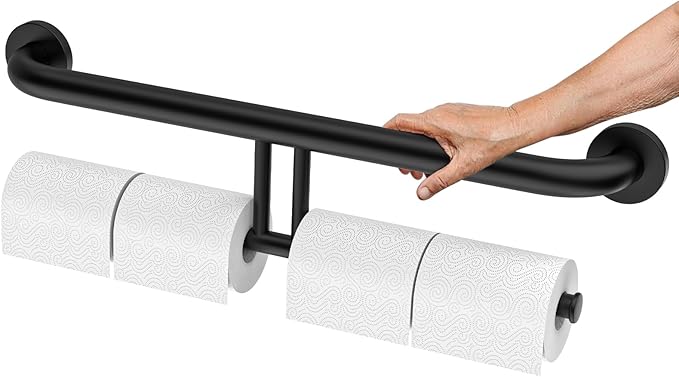 24 inch Black Grab Bar w/Double Roll Toilet Paper Holder, Zepolu 2-in-1 Safety Assist Bar Balanced Support Handle, Stainless Steel Wall Mounted Bathroom Toilet Grab Bar for Senior Elderly Handicap