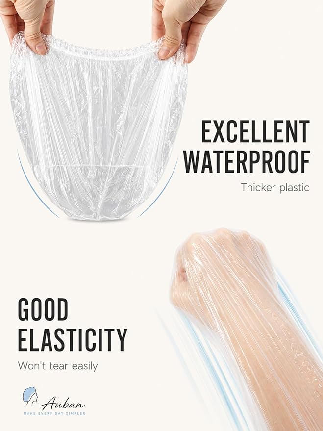 Auban 100PCS Disposable Shower Caps Independent Packing, Plastic Clear Hair Cap Large Thick Waterproof Bath Caps for Women, Travel Essentials Accessories (20.5")