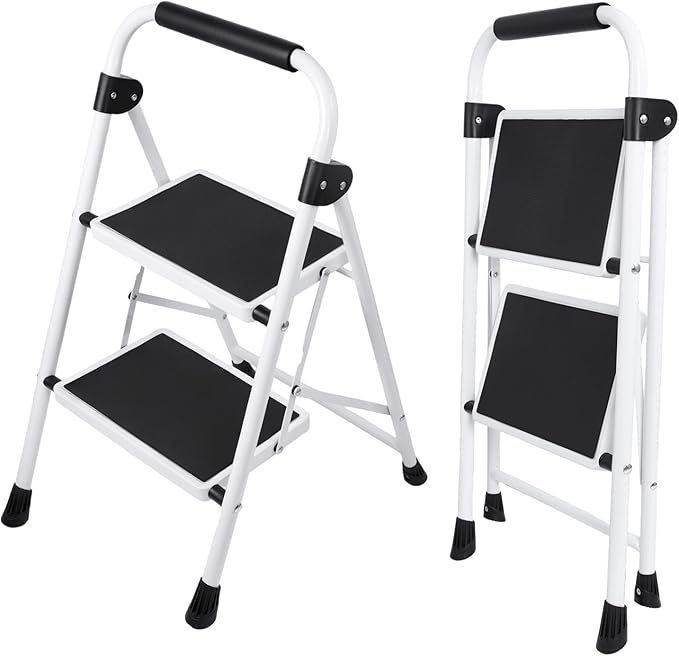 DUMOS 2 Step Ladder, Sturdy Step Stool with Anti-Slip Pedal & Comfortable Handrail, Foldable Heavy Duty Step Stool for Kitchen, Garage & Outdoor Use, 330lbs, Black
