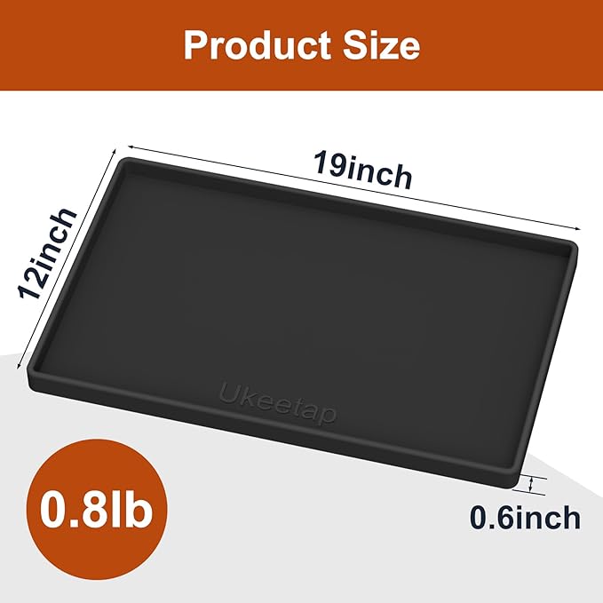 ukeetap Extra Thick Silicone Mat Waterproof with Raised Edge 19” x 12”, BPA Free Non-Slip Dog & Cat Food Mat, Feeding Mat for Food and Water Bowls, Spill Proof Mat to Protect Floors, Black