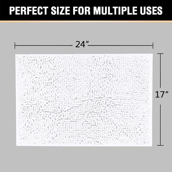H.VERSAILTEX Pure White Bath Mat Bathroom Rug Bath Rugs for Bathroom Non Slip Bath Mats Extra Thick Chenille Rug 17" x 24" Absorbent Soft Shaggy Washable Dry Fast Plush Rugs for Bathtubs