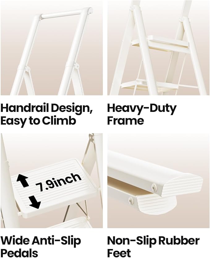 SOLADDER 5 Step Ladder, Folding Step Stool, White Foldable Iron Ladder for 10 Foot High Ceiling with Anti-Slip Wide Sturdy Pedal and Handgrip, Multi-Use for Home (300 lbs Capacity)