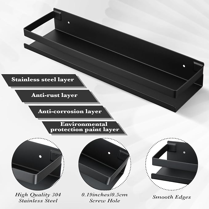 Lallisa 2 Pieces Stainless Steel Shelf Bathroom Shower Floating Shelves Wall Mounted Shower Caddy Basket Shelf Storage Organizer Shelves for Bathroom, Kitchen, Living Room(15.75 Inch/ 40 cm,Black)