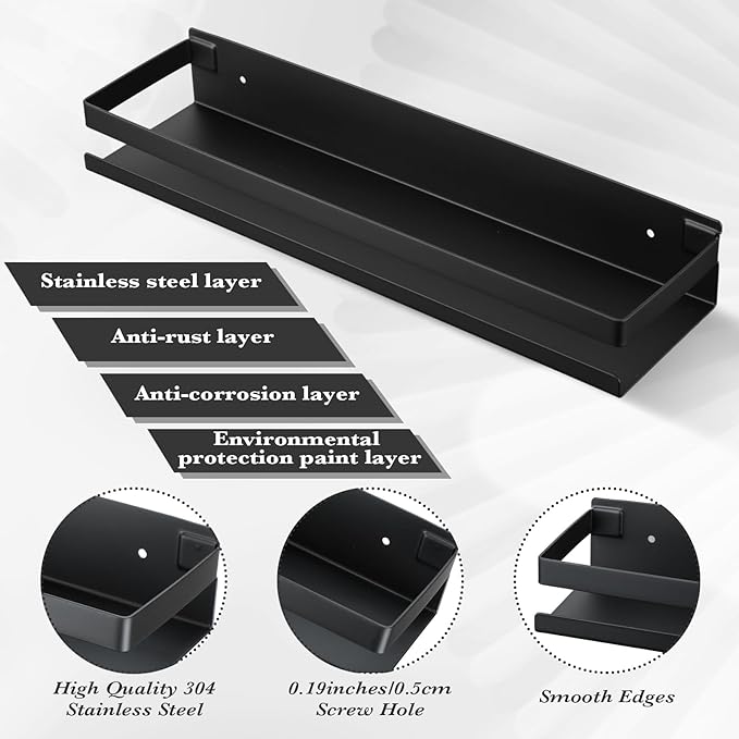Lallisa 2 Pieces Stainless Steel Shelf Bathroom Shower Floating Shelves Wall Mounted Shower Caddy Basket Shelf Storage Organizer Shelves for Bathroom, Kitchen, Living Room(11.81 Inch/ 30 cm,Black)