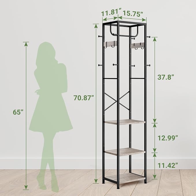 ELYKEN Coat Rack Freestanding, Hall Tree with 3 Storage Shelves and 12 Hooks, Industrial Clothes Rack Stand Organizer for Bedroom, Hallway, Entryway, Office, Living Room, Greige