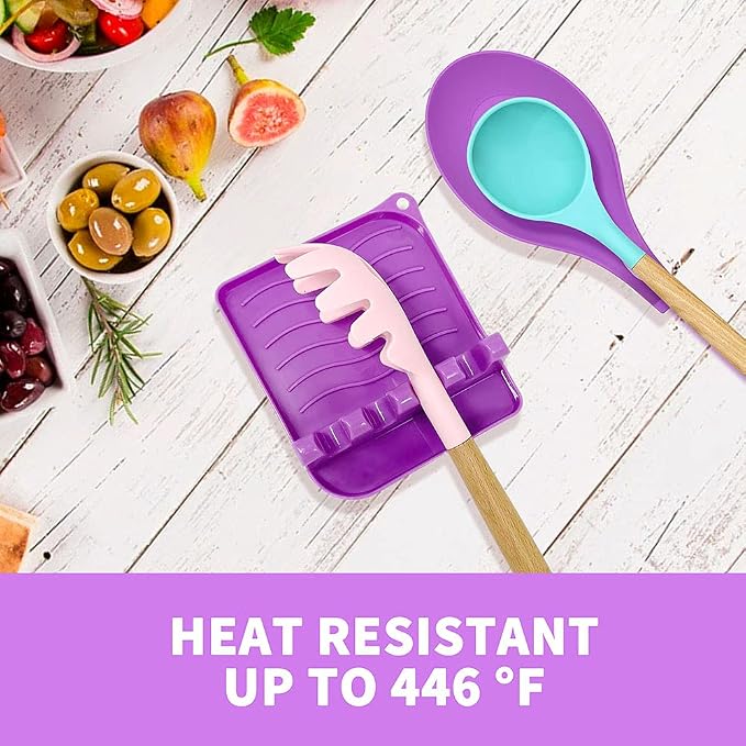 2 Pack Multiple Utensil Spoon Rest with Drip Pad Non-Slip Heat Resistant Kitchen and Grill Spoon Holder for Spatula, Ladle, Tongs, Kitchen Gadgets, and Cooking Accessories (Noble Purple)