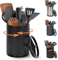 Nigelia Extra Large Kitchen Utensil Holder, 360° Rotating Stainless Steel Cooking Utensil Holder for Countertop, 3 Compartment Flatware Organizer & Cooking Caddy with Removable Base（Black）