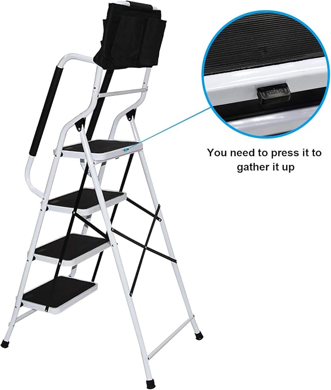 Wiberwi 4 Step Ladder with Handrails 500 lb Capacity Step Stool Folding Portable Ladders for Home Kitchen Steel Frame with Non-Slip Wide Pedal Stepladder with Attachable Tool Bag White