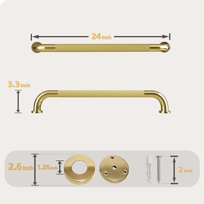 24 Inch Shower Grab Bar, Brushed Gold Bathroom Grab Bar Handle with Anti-Slip Knurled Grip, Stainless Steel Bath Balance Bar, 1.25" Diameter Bath Safety Bar Support for Seniors Elderly Pregnant